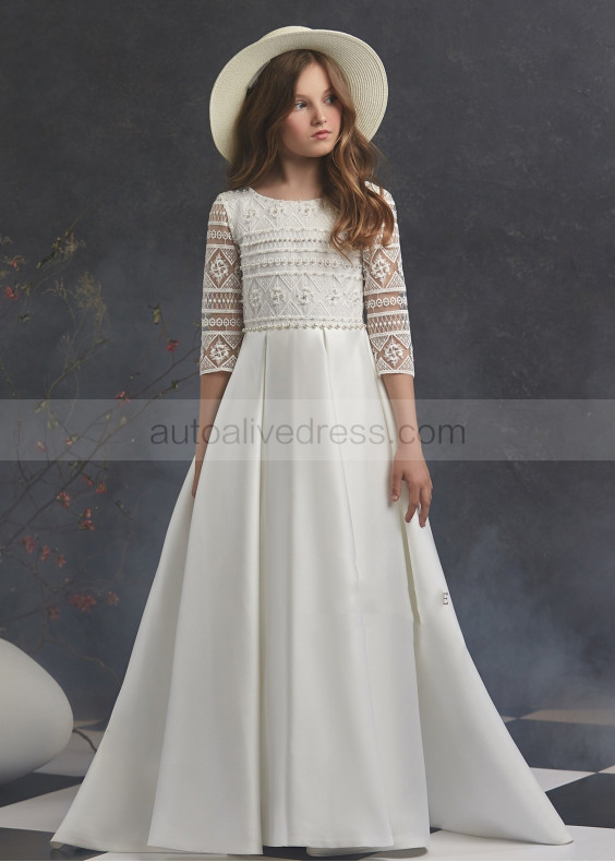 Beaded Ivory Lace Satin Floor Length Flower Girl Dress